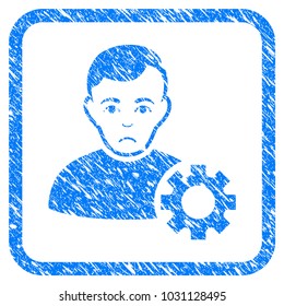User Options Gear rubber seal stamp imitation. Icon vector symbol with grunge design and dust texture inside rounded frame. Scratched blue stamp imitation on a white background.