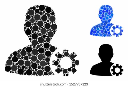User options mosaic of small circles in different sizes and color tints, based on user options icon. Vector small circles are organized into blue collage.