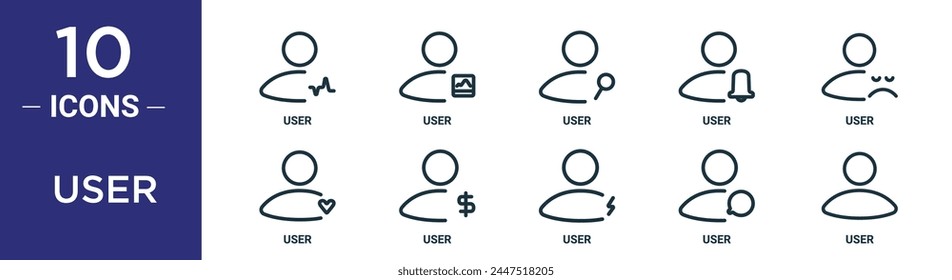 user outline icon set includes thin line user, user, icons for report, presentation, diagram, web design