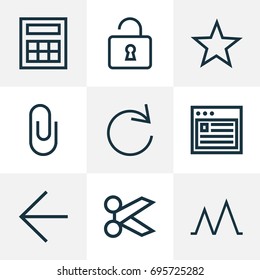 User Outline Icons Set. Collection Of Reload, Calculator, Browser And Other Elements. Also Includes Symbols Such As Stared, Liked, Repeat.