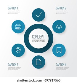 User Outline Icons Set. Collection Of Layer, Bookmark, Location And Other Elements. Also Includes Symbols Such As Map, Peripheral, Folder.