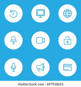 User Outline Icons Set. Collection Of History, Pin, Video And Other Elements. Also Includes Symbols Such As Mike, Note, Unlock.