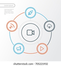 User Outline Icons Set. Collection Of Feed, Video, Launch And Other Elements. Also Includes Symbols Such As Start, Camcorder, Feed.