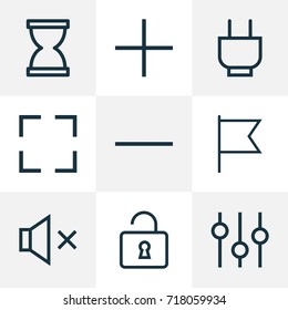 User Outline Icons Set. Collection Of Goal, Add, Remove And Other Elements. Also Includes Symbols Such As Delete, Equalizer, Target.