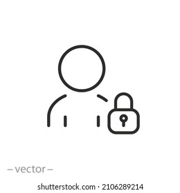 usuario con icono de candado, concepto de privacidad y seguridad, protección de las personas de los medios sociales, secreto de acceso, símbolo de línea delgada sobre fondo blanco - ilustración de trazo editable eps10