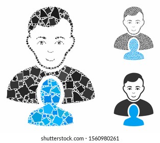 User partner mosaic of raggy pieces in different sizes and shades, based on user partner icon. Vector raggy pieces are combined into illustration. User partner icons collage with dotted pattern.