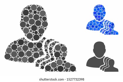User pawns mosaic of round dots in variable sizes and color tints, based on user pawns icon. Vector round dots are composed into blue illustration. Dotted user pawns icon in usual and blue versions.
