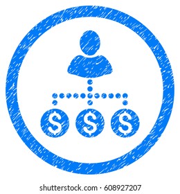 User Payments grainy textured icon inside circle for overlay watermark stamps. Flat symbol with dust texture. Circled vector blue rubber seal stamp with grunge design.