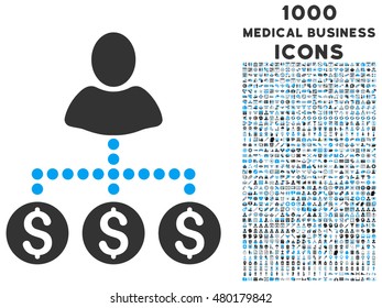 User Payments vector bicolor icon with 1000 medical business icons. Set style is flat pictograms, blue and gray colors, white background.