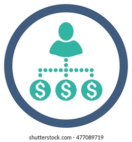 User Payments vector bicolor rounded icon. Image style is a flat icon symbol inside a circle, cobalt and cyan colors, white background.