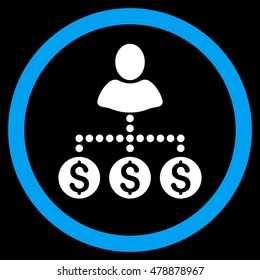 User Payments vector bicolor rounded icon. Image style is a flat icon symbol inside a circle, blue and white colors, black background.
