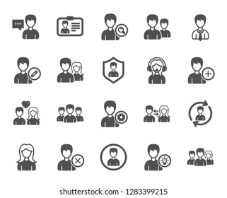 User people icons. Male and Female Profile, Group and Support icons. ID card, Teamwork people and Businessman symbols. Couple love, Security profile and User management support. Quality design element