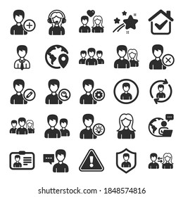 User people icons. Male and Female Profile, Group and Support icons. ID card, Teamwork people and Businessman symbols. Couple love, Security profile and User management support. Flat icon set. Vector