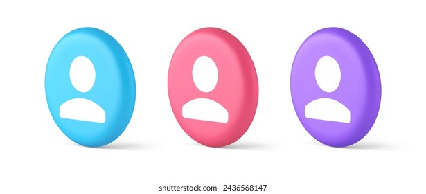 Persona de usuario botón de contacto humano cyberspace información de la cuenta aplicación web 3d realista azul rosa y púrpura iconos. Diseño de navegación de panel de interfaz de avatar de red social del trabajador