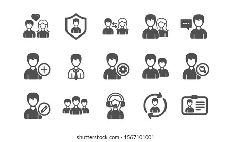 User person icons. Profile, Group and Support. People classic icon set. Quality set. Vector