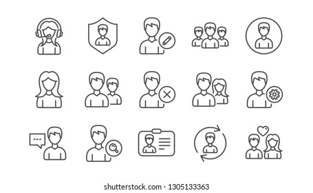 Iconos de línea de persona de usuario. Perfil, Grupo y Soporte. Conjunto de iconos lineales de personas. Vector