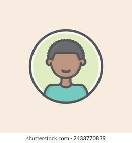 User persona black man avatar character filled icon inside a circle with curly black hair, green tshirt and happy mouth