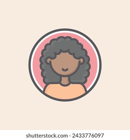 User persona black woman avatar character filled icon inside a red circle with curly hair, orange t-shirt and happy mouth