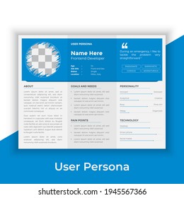 User Persona Document Template Vector Illustration. Examples of User Personas template. Persona Template for ui ux designer. User Persona vector horizontal template with blue color.
