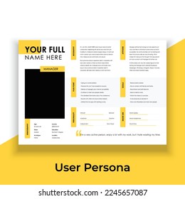 User Persona Document Template Vector Illustration. Examples of User Personas template. Persona Document. Persona Template for UI UX designer. User Persona vector horizontal template with blue color.