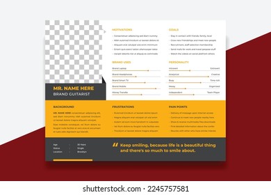 User Persona Document Template Vector Illustration. Examples of User Personas template. Persona Document. Persona Template for UI UX designer. User Persona vector horizontal template with blue color.