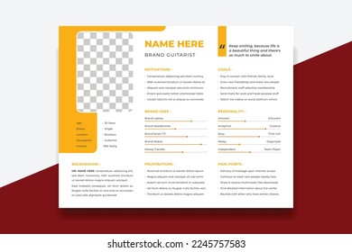 User Persona Document Template Vector Illustration. Examples of User Personas template. Persona Document. Persona Template for UI UX designer. User Persona vector horizontal template with blue color.