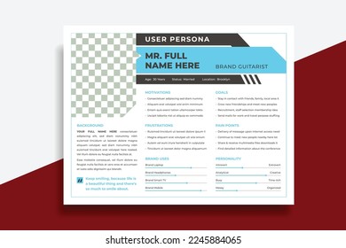 User Persona Document Template Vector Illustration. Examples of User Personas template. Persona Document. Persona Template for UI UX designer. User Persona vector horizontal template with blue color.