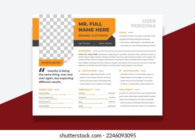 User Persona Document Template Vector Illustration. Examples of User Personas template. Persona Document. Persona Template for UI UX designer. User Persona vector horizontal template with double color