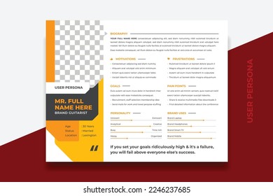 User Persona Document Template Vector Illustration. Examples of User Personas template. Persona Document. Persona Template for UI UX designer. User Persona vector horizontal template with double color