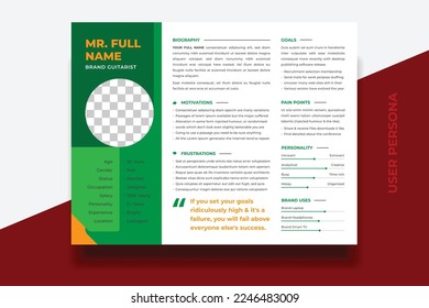 User Persona Document Template Vector Illustration. Examples of User Personas template. Persona Document. Persona Template for UI UX designer. User Persona vector horizontal template with double color