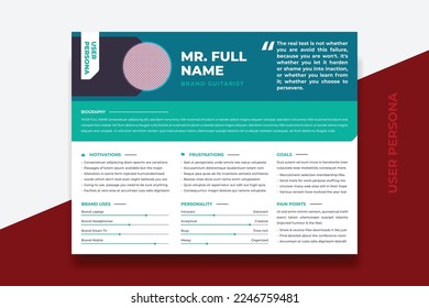 User Persona Document Template Vector Illustration. Examples of User Personas template. Persona Document. Persona Template for UI UX designer. User Persona vector horizontal template with double color