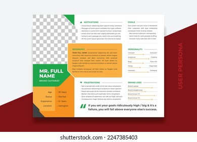 User Persona Document Template Vector Illustration. Examples of User Personas template. Persona Document. Persona Template for UI UX designer. User Persona vector horizontal template with double color