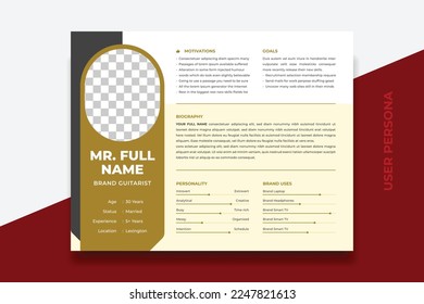 User Persona Document Template Vector Illustration. Examples of User Personas template. Persona Document. Persona Template for UI UX designer. User Persona vector horizontal template with double color