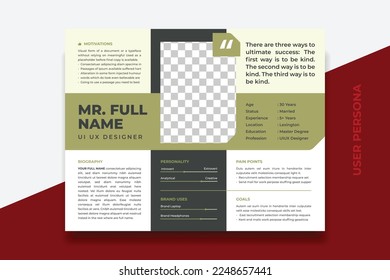 User Persona Document Template Vector Illustration. Examples of User Personas template. Persona Document. Persona Template for UI UX designer. User Persona vector horizontal template with double color