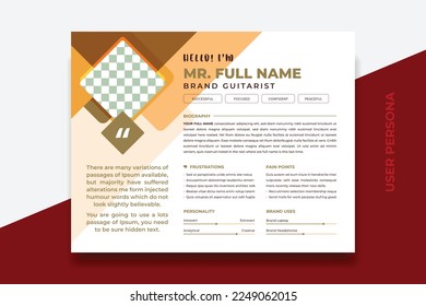 User Persona Document Template Vector Illustration. Examples of User Personas template. Persona Document. Persona Template for UI UX designer. User Persona vector horizontal template with blue color.