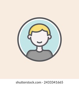 User persona man avatar character filled icon inside a circle with blond hair, happy mouth, black t-shirt and blue background