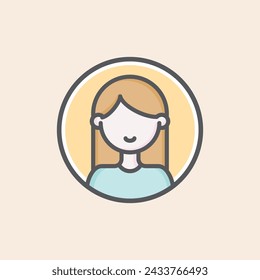 User persona woman avatar character filled icon inside a circle with brown long hair, blue t-shirt and happy mouth