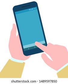 User with phone in hands, isolated gadget smartphone device with blue screen touchscreen of mobile phone. Service online, internet usage. Vector illustration in flat cartoon style