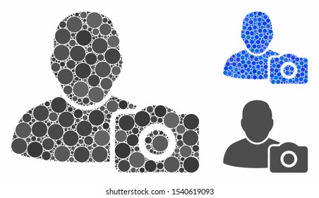 User photo composition of round dots in different sizes and color tinges, based on user photo icon. Vector round dots are united into blue mosaic. Dotted user photo icon in usual and blue versions.