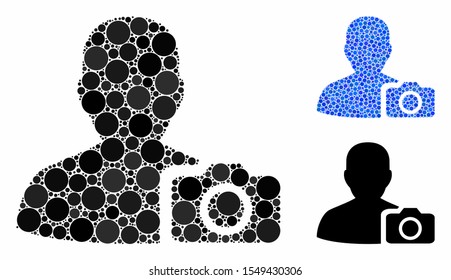 User photo mosaic of round dots in various sizes and shades, based on user photo icon. Vector round dots are combined into blue collage. Dotted user photo icon in usual and blue versions.
