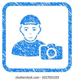 User Photo rubber stamp imitation. Icon vector symbol with grunge design and unclean texture inside rounded squared frame. Scratched blue sticker. Dude face has happiness sentiment.