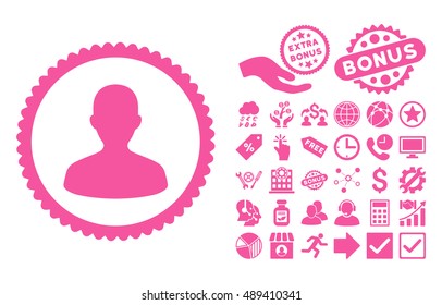 User pictograph with bonus pictograph collection. Vector illustration style is flat iconic symbols, pink color, white background.