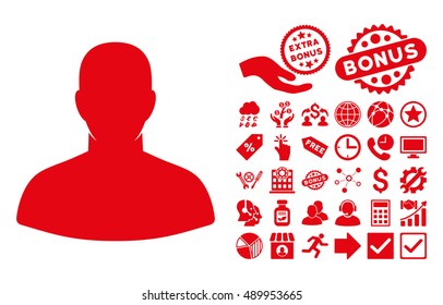 User pictograph with bonus design elements. Vector illustration style is flat iconic symbols, red color, white background.