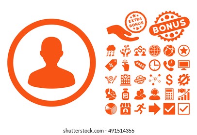 User pictograph with bonus design elements. Vector illustration style is flat iconic symbols, orange color, white background.