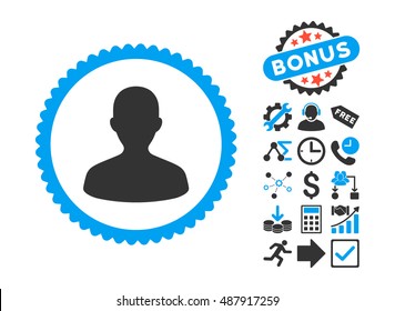 User pictograph with bonus icon set. Vector illustration style is flat iconic bicolor symbols, blue and gray colors, white background.