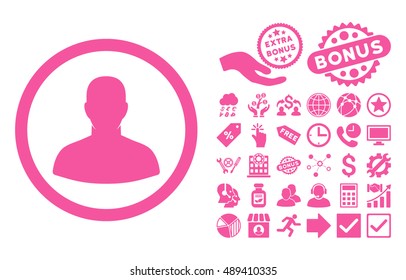 User pictograph with bonus images. Vector illustration style is flat iconic symbols, pink color, white background.