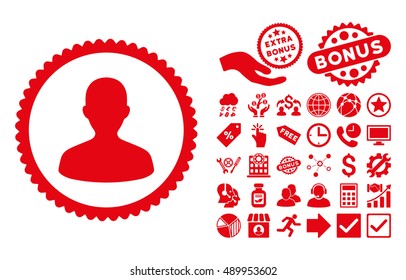 User pictograph with bonus images. Vector illustration style is flat iconic symbols, red color, white background.