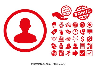 User pictograph with bonus pictogram. Vector illustration style is flat iconic symbols, red color, white background.