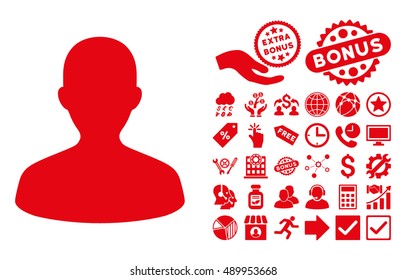 User pictograph with bonus pictogram. Vector illustration style is flat iconic symbols, red color, white background.