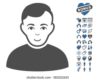 User pictograph with bonus valentine graphic icons. Vector illustration style is flat iconic cobalt and gray symbols on white background.